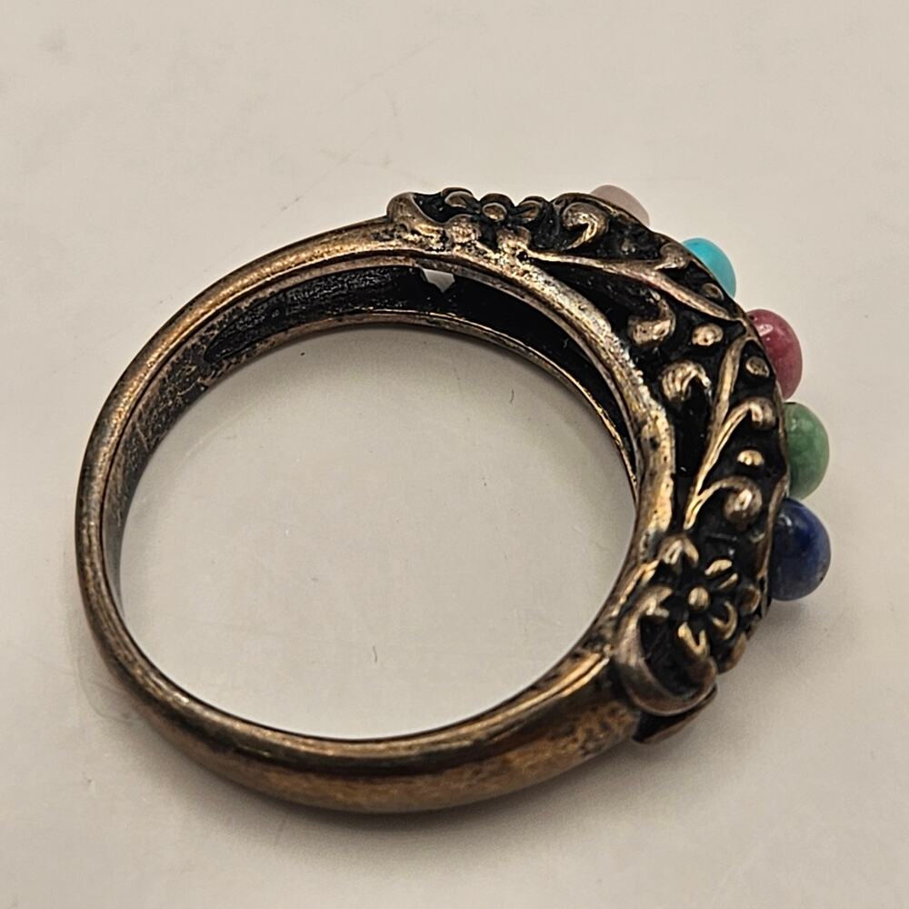 925 STERLING SILVER MULTI STONE RING BOHO TURQUOISE STYLE CABOCHON BAND - Picture 4 of 6
